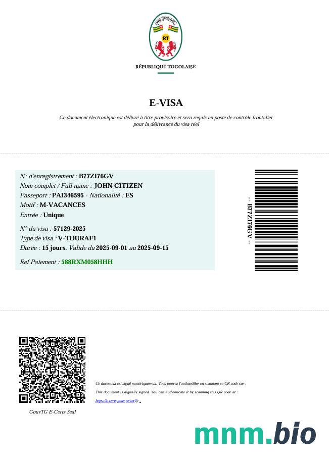 Szablon e-visa do Togo